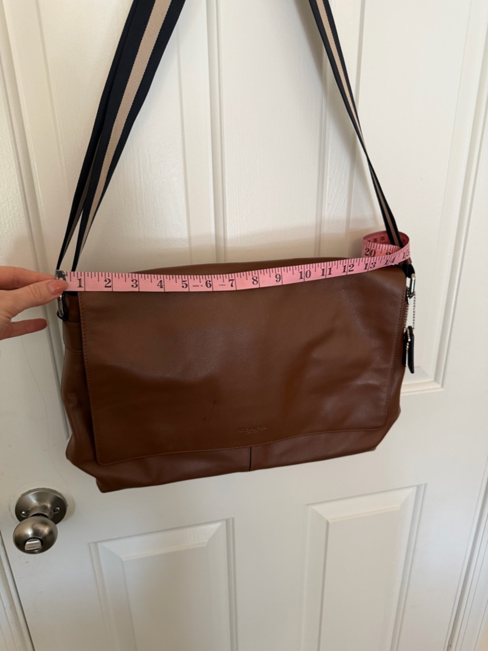 Coach Tan Leather Messenger Bag with Striped Strap - Picture 9 of 10